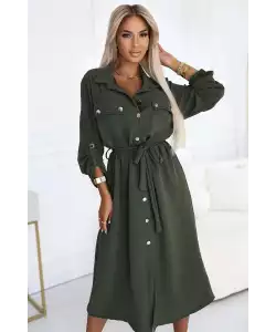 Midi košeľové šaty so zlatými gombíkmi a viazaním - khaki