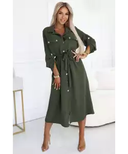 Midi košeľové šaty so zlatými gombíkmi a viazaním - khaki